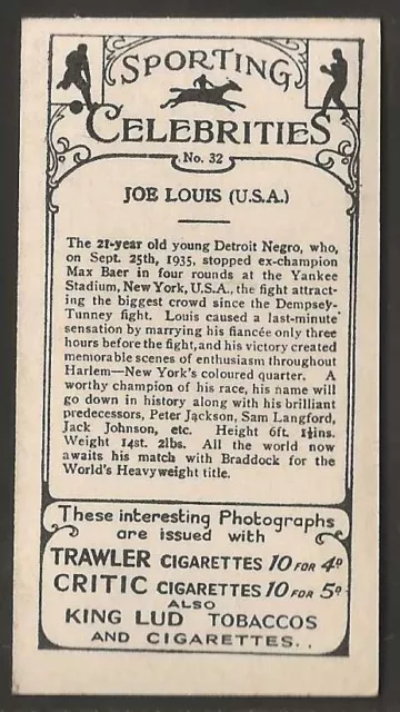 Pattreiouex-Sporting Celebrities 1935 (F54)-#32- Boxing Joe Louis Very Scarce!! 2