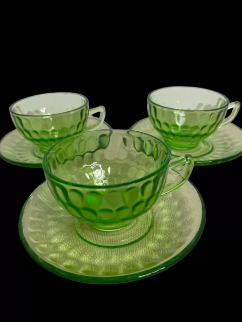 Federal Green Depression Glass Teacup & Saucer Optic Thumbprint  Uranium Glows