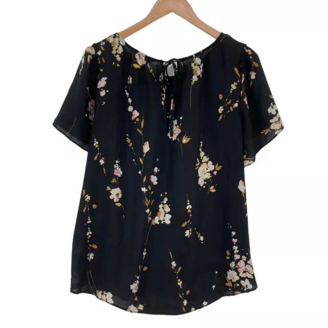 LC Lauren Conrad Blouse Top Womens XL Black Floral Round Neck Pleated Pullover 2