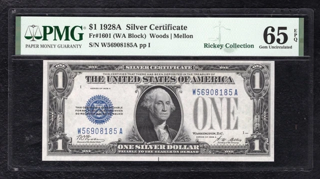 Fr. 1601 1928-A $1 One Dollar “Funnyback” Silver Certificate Pmg Gem Unc-65Epq