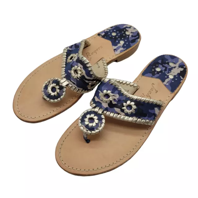 Jack Rogers Navajo Womens sz 9 Thong Sandals Navy Leather Whipstitch Palm Beach