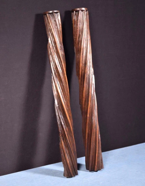 *21" Pair of French Antique Solid Walnut Posts/Pillars/Columns/Balusters Salvage 3