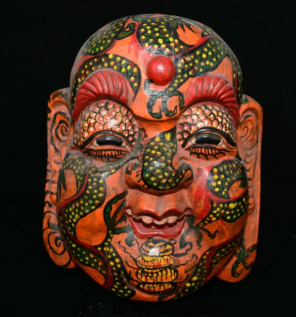 10.4"Old Wood Lacquerware Painting Maitreya Buddha Face vizard mask Wall Hanging