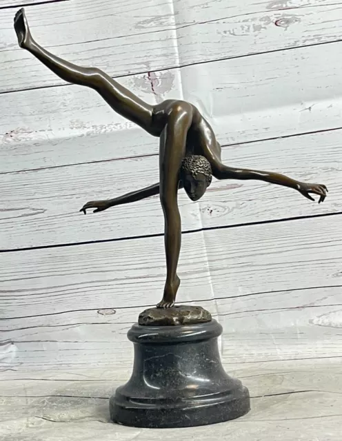 Dancer Gymnast Pure Bronze Figure Statue Deco 8Lbs Art Deco Marble Base Artwork