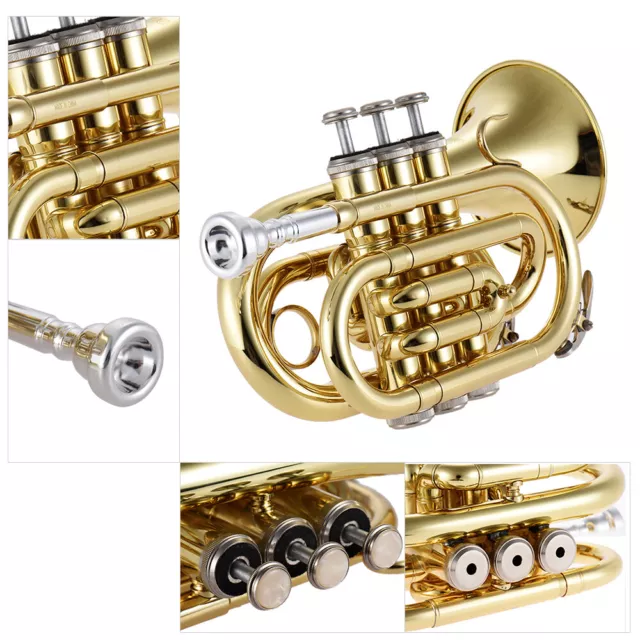 Pocket Trumpet Bb Flat Brass Wind Instrument with Mouthpiece I1P9 2
