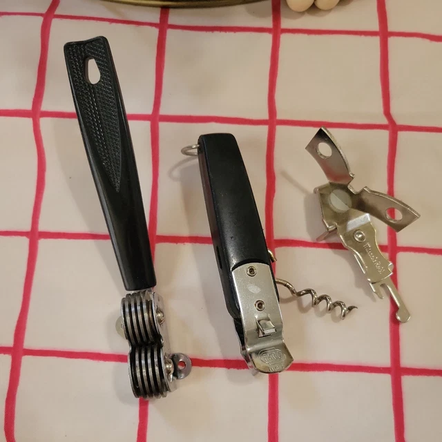 3 Vintage EKCO MIRACLE ROLL 881 Can Bottle Opener, Knife Sharpener, Cork Screw