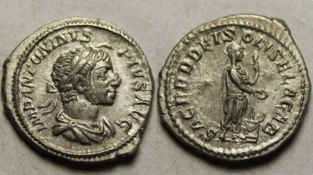 Rare genuine ancient Roman coin silver denarius Elagabalus patera altar star 221