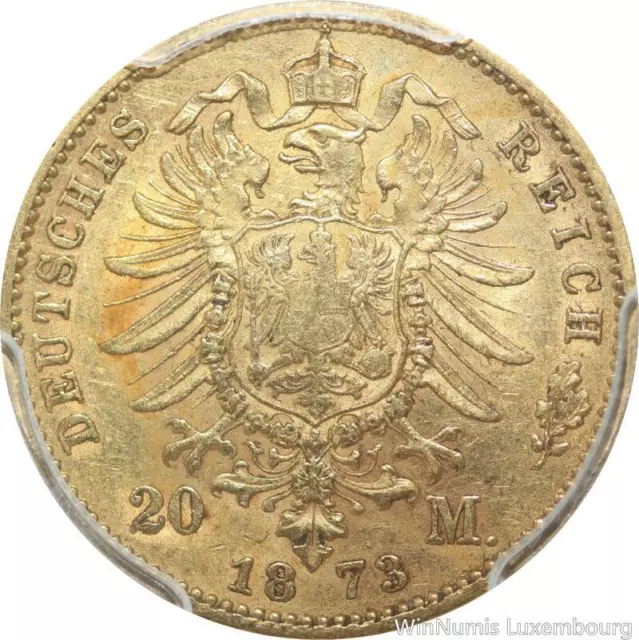 ZZ622 Rare Germany Wurttemberg 20 Mark Karl 1873 F Or Gold PCGS AU50 > Offer
