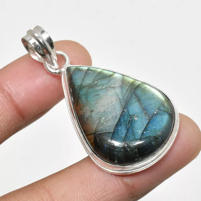 Fire Labradorite Gemstone Handmade 925 Sterling Silver Jewelry Pendant 5"