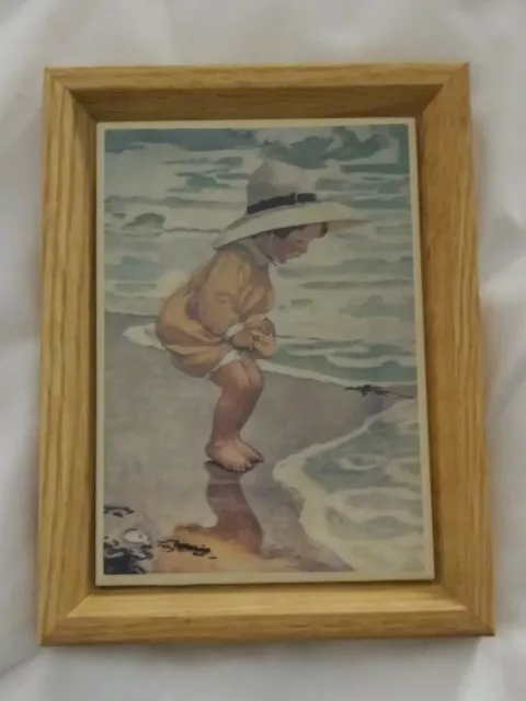 Lakewood Framed Trivet Beach Wall Girl Play in Water Ocean Beach Wood Vintage