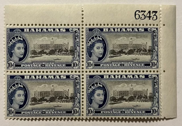 1954 BAHAMAS 10d MNH STAMP PLATE BLOCK FORT MONTAGUE HOTEL QUEEN ELIZABETH II