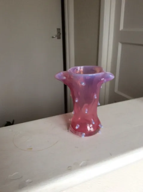 Vasaline Glass Vase Pink With White Spikes Bobbles On
