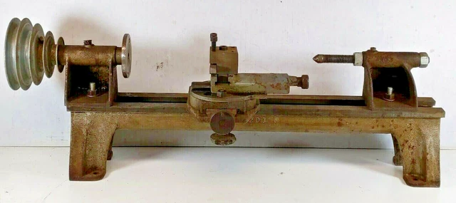 Vtg Small Metal Lathe 20" Bed Cast Iron Legs Base Pulley Drive Head Jewelry Make Vtg Small Metal Lathe 20" Bed Cast Iron Legs Base Pulley Drive Head Jewelry Make