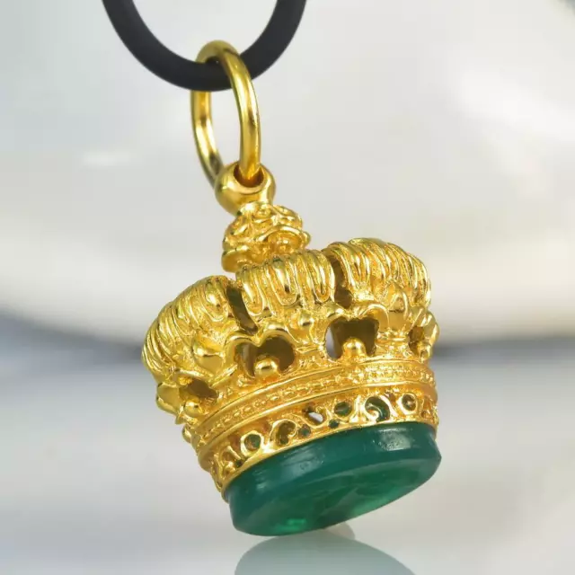 Pendant Gold Vermeil Sterling Silver Chalcedony Fob Seal Stamp Crown 10.85 g