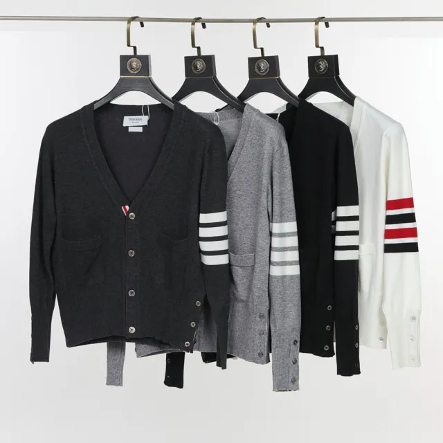 Thom Browne Men Women Classic V-neck Striped Wool Cardigan Sweater