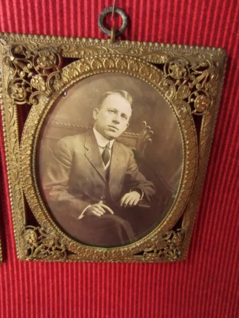*True Antique Picture Frames Pair Filigree Brass Elegant Oval w/ Antique Photos 3