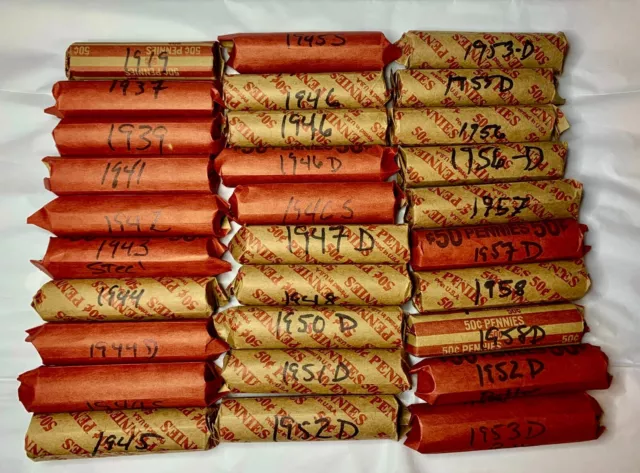 Lot of 30 Solid Date Rolls 1919, 30’s, 40’s & 50’s Lincoln Head Wheat Cents