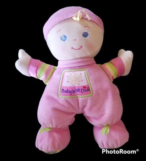 Fisher Price Pink Babys First 1st Doll Plush Lovey Rattle Soft Blonde Blue Eyes