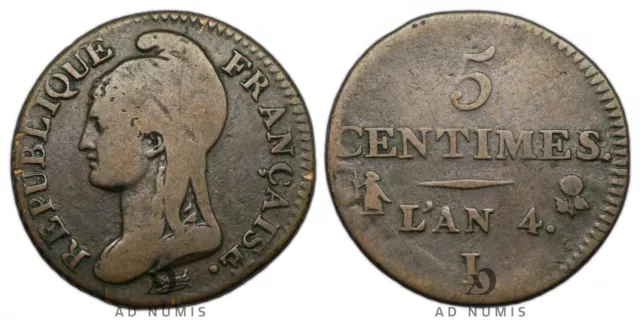 France 5 centimes Dupré  l'an 4 I Limoges petit module Cuivre monnaie Révolution