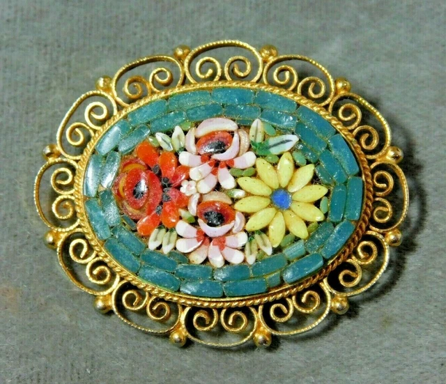 Broche Ovale En Micro Mosaïque Italienne Vintage - Épingle En Or - Fleur Rose - Occasion