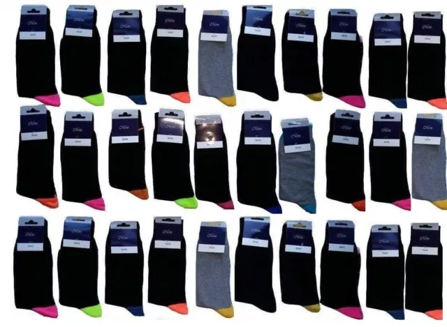 20 Pairs Men's Adults Black Cotton Socks With Mix Coloured Uk Size 6-11 Hylm