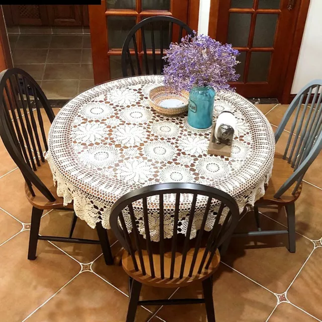 White 52inch Round Hand Crochet Tablecloth Vintage Lace Table Cloth Floral Doily