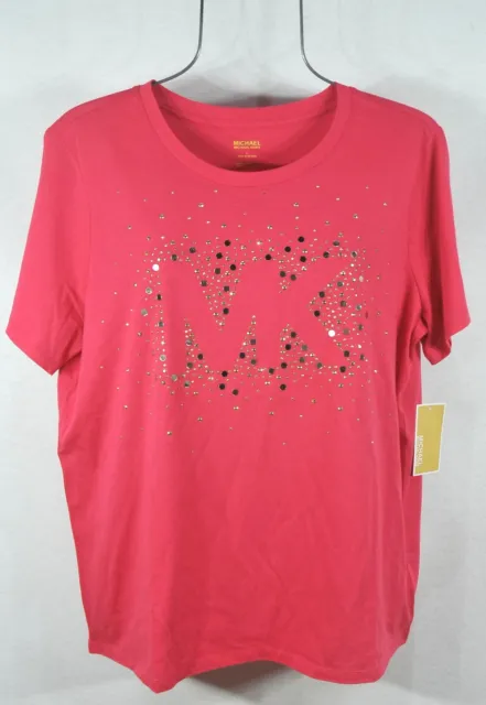 Michael Kors Women's T-shirt XL Deep Pink Studded MK Logo Top Blouse $88 NWT