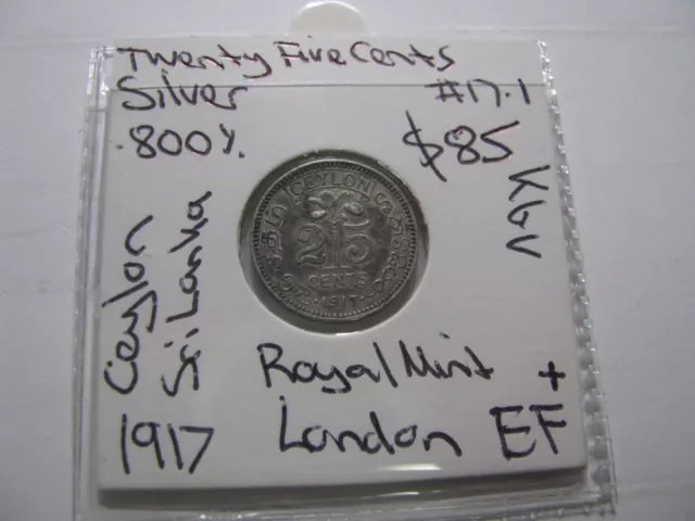 1917 Twenty Five Cents Ceylon Sri Lanka 25 Cents Silver Coin  London Mint #17.1