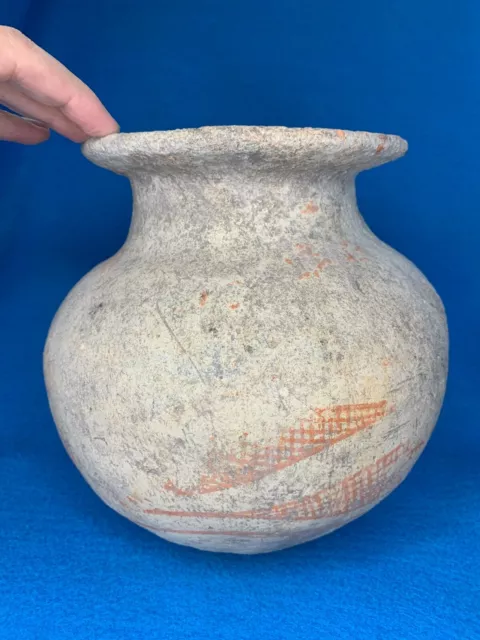 Ban Chiang Pot - Ancient Thai Pottery - Red Cross Hatch Glaze - Worn - Thailand