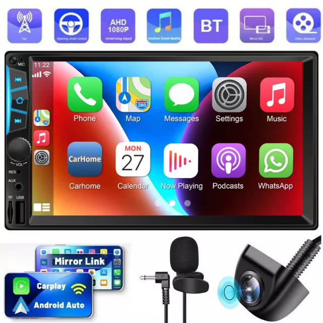 7" Double Din Touch Screen Car Stereo Wireless Apple Carplay Android Auto Radio