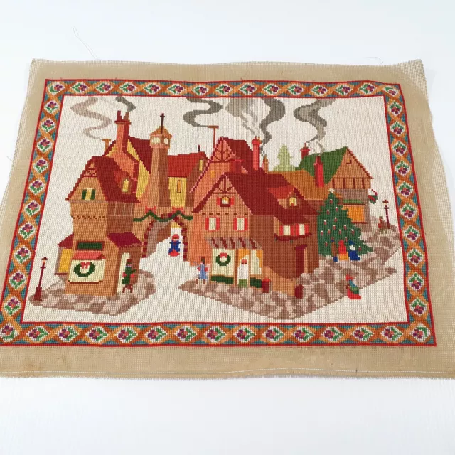 Large Completed Vintage Cross-Stitch Christmas Village Cotton Embroidery