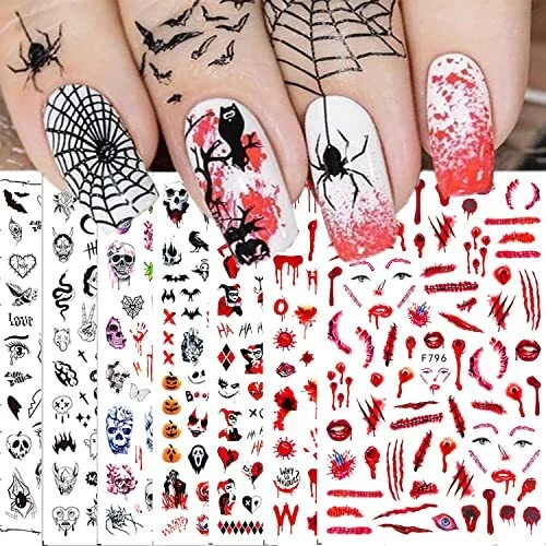 7 Hojas Halloween Arte en Uñas Pegatinas Calavera Serpiente Calcomanías de Uñas 3D Self S9