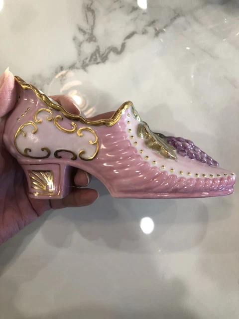 Vintage Signed Hand Painted Pink Purple Floral Gilt Victorian Vase Ceramic Shoe