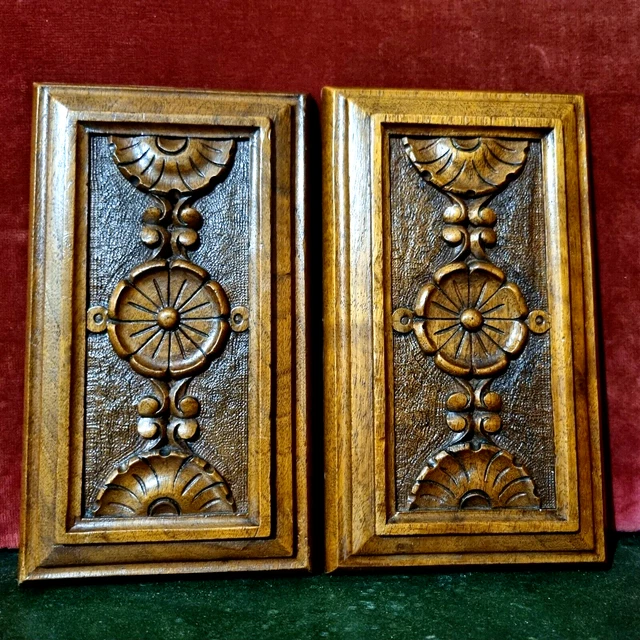2 Rosette flower wood carving panel 8.86 in Antique French architectural salvage