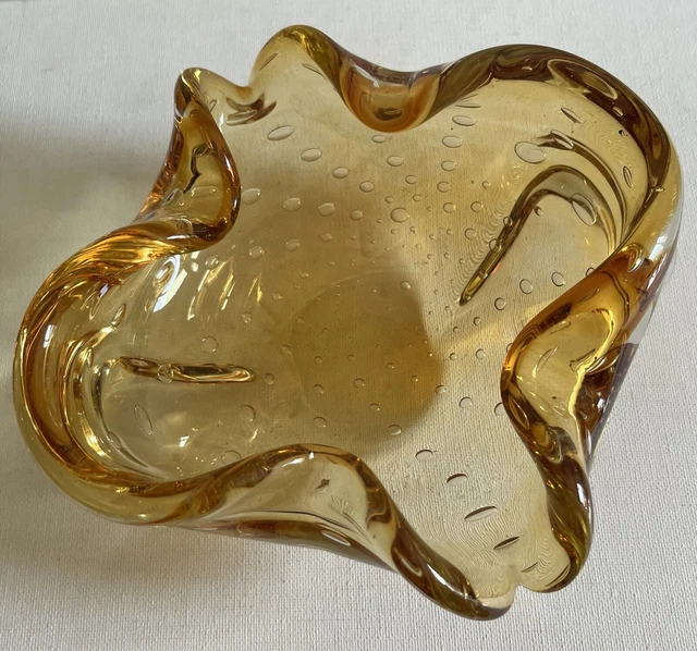 Vintage Murano Glass Bowl Bullicante Controlled Bubble Candy Ashtray Amber 7.5"