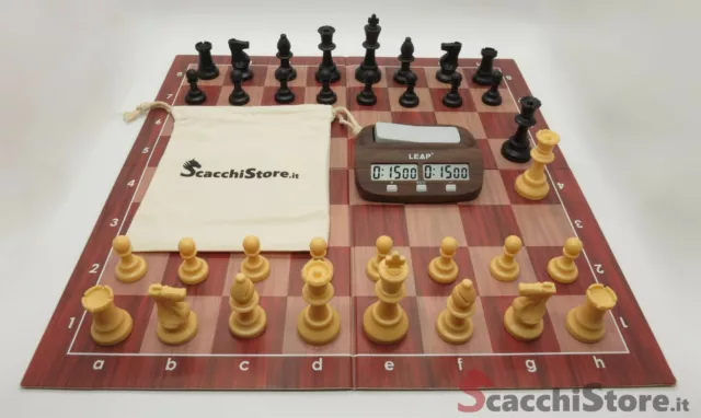 Set Scacchi completo da torneo con scacchiera rigida pieghevole in 4 e orologio