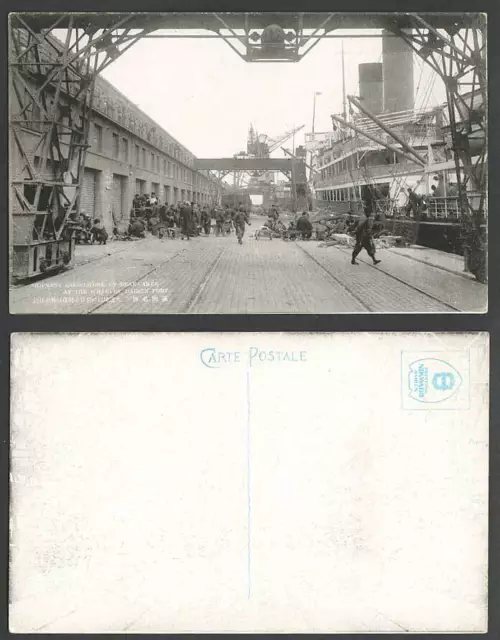 China alte Postkarte Dairen Hafen Kais Bohnenkuchen Versand Fracht Arbeit Dampfschiff