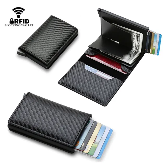 RFID Blocking Leather Card Wallet Slim Credit ID Holder Carbon Fiber Purse Mens