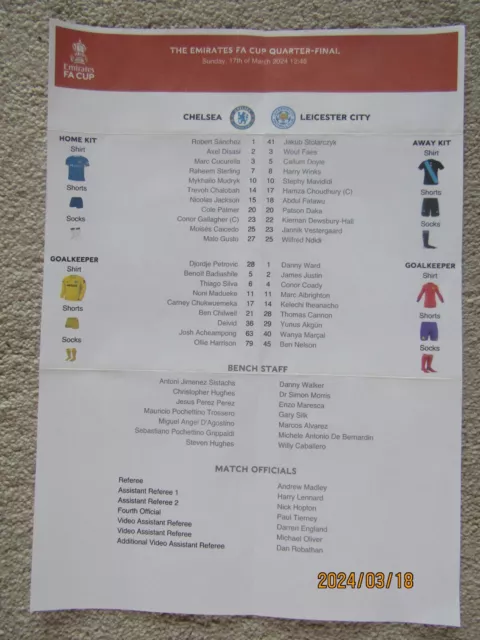 CHELSEA v LEICESTER CITY Sun 17 March 2024 FAC Q/F (OFFICIAL FA TEAMSHEET ONLY)