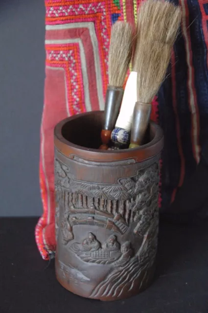 Old Chinese Bamboo Bitong / Scholar Brush Pot …beautifully hand carved