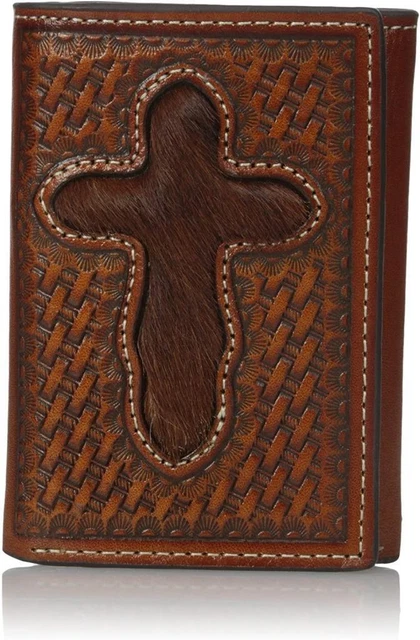 Nocona Western Mens Wallet Trifold Leather Weave Pro Tooled Hair Cross Tan