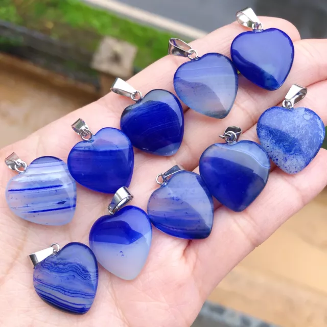10pcs Blue Agate Gems Stone Heart Pendants Chakra Reiki Healing Amulet