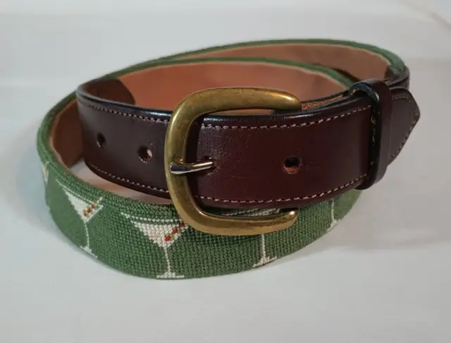 Mens Leather & Fabric Multicolor Martini Belt w/ Solid Brass Buckle Size 34