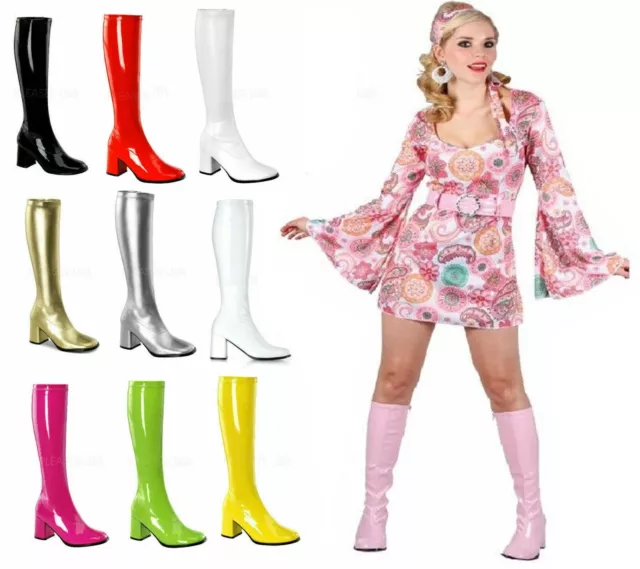 New Ladies Fancy Dress Sexy Go Go Knee High Boots Cool 60's 70s Party Sizes 3-12