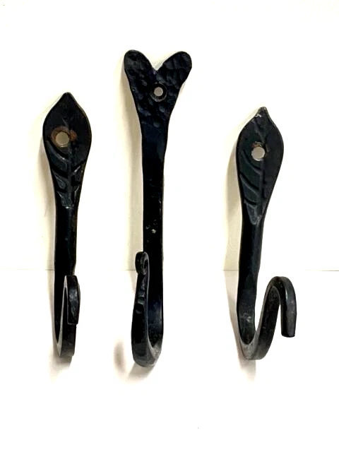 3 Blacksmith Forged Rod Iron J Hook Twisted Flower Coat Hanger Bracket