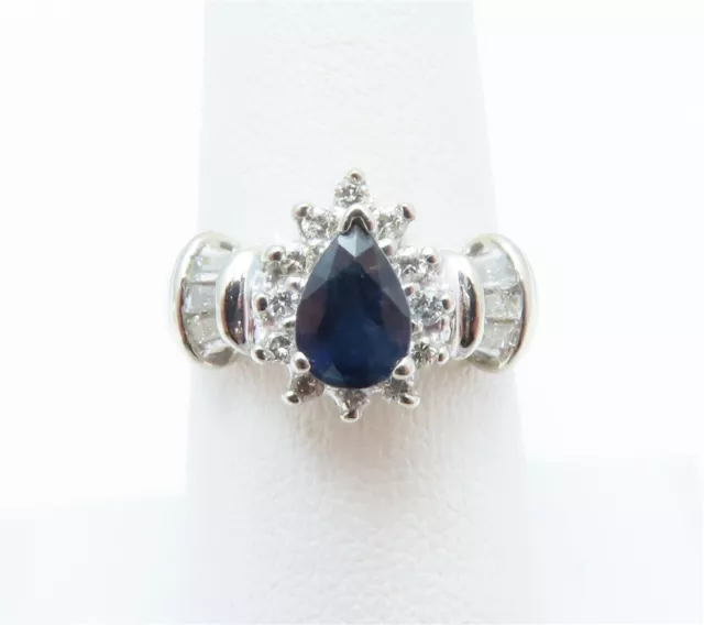 14K WHITE GOLD ~7x5MM Pear Shaped Sapphire & ~1/4CTW Diamond Ring Halo ...