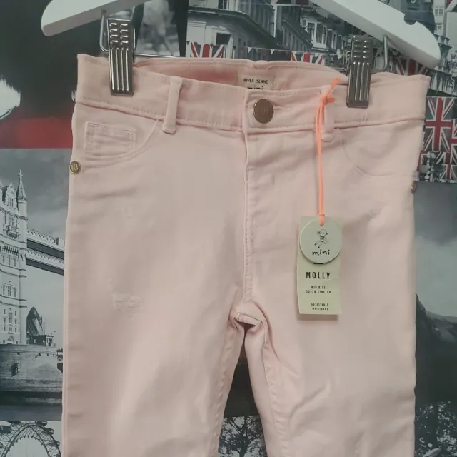 Mini jeans denim rosa chiaro per ragazze River Island età 2-3 anni nuovi con etichette (1)