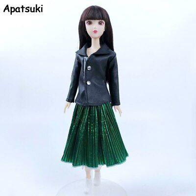 Fashion Black Coat Green Pleated Skirt For 11.5" Doll Outfits Clothes Set 1/6