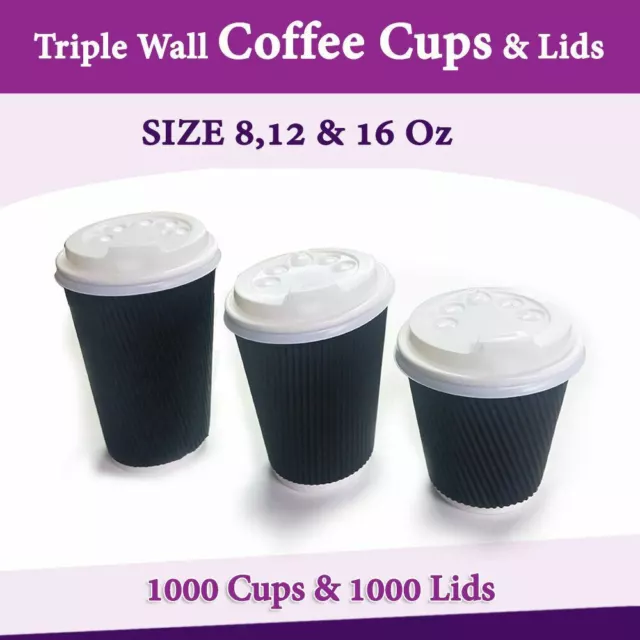 Disposable Coffee Cups Triple Wall 8Oz 12Oz 16Oz W/Lids Takeaway Black Cups Bulk