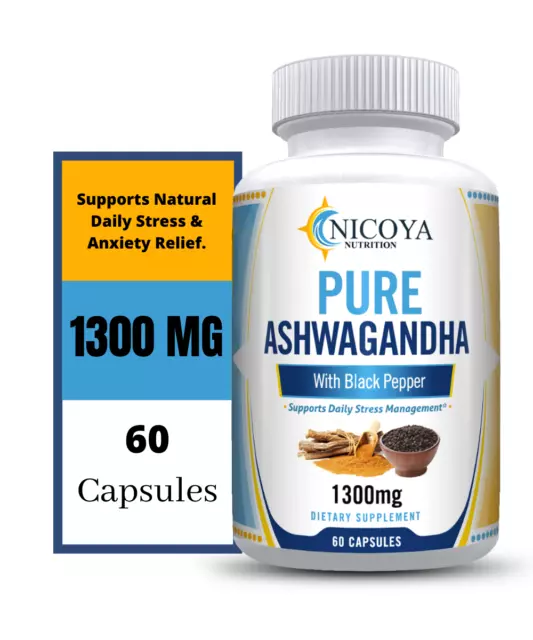 Organic Ashwagandha Capsules 1300 mg Daily Stress, Mood, Brain Booster